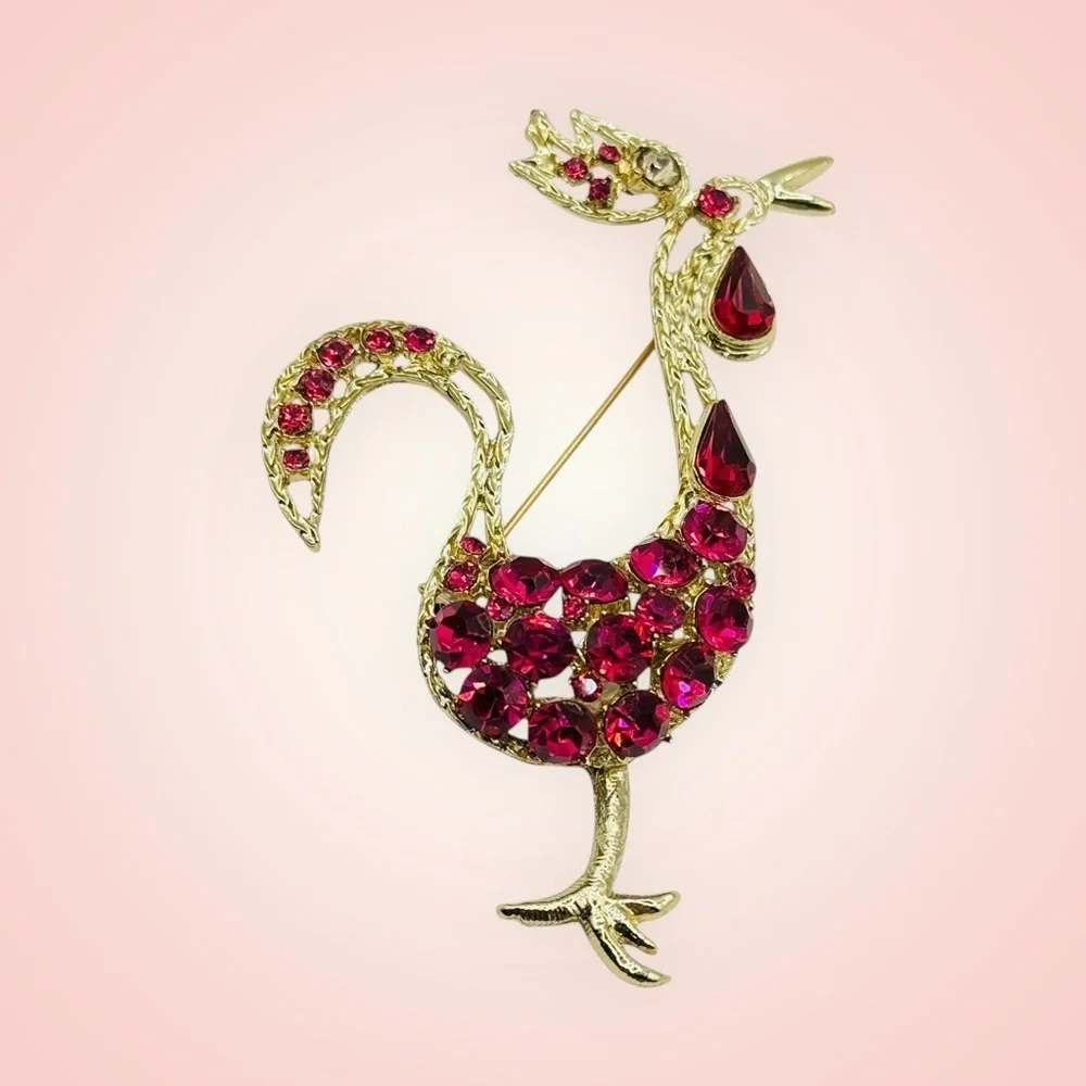 Vintage Gold Tone Roaster Brooch Fuchsia, Rhinestone Statement Pin